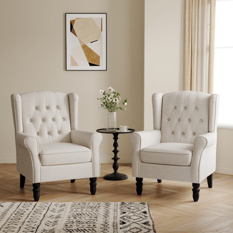 Button-Tufted Accent Club Chair Wingback Armchair Set of 2 - Beige