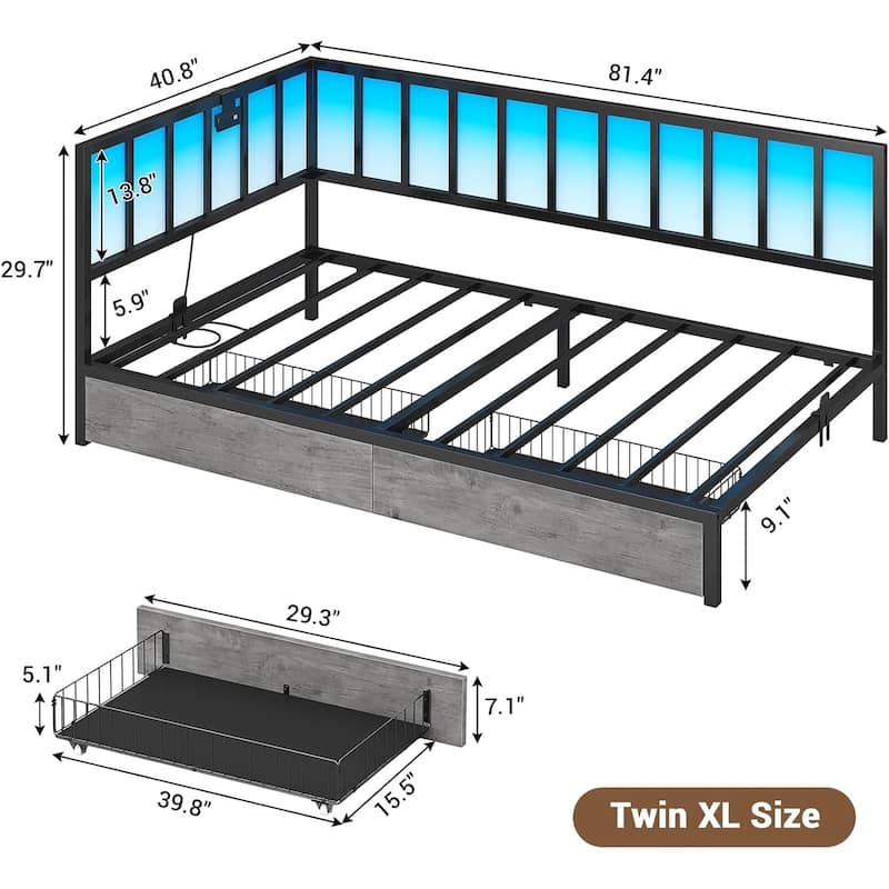 Daybed with 2 Drawers Platform Bed Frame LED Light Charging Station