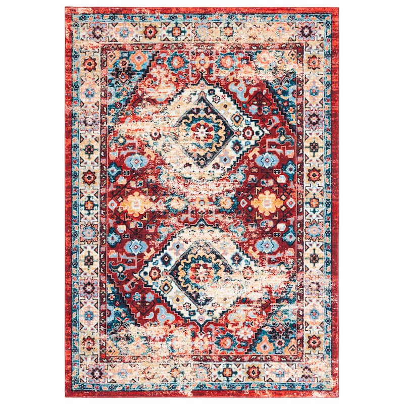 SAFAVIEH Riviera Machine Washable Slip Resistant Vertie Oriental Rug - 6'7" Square - Red/Blue
