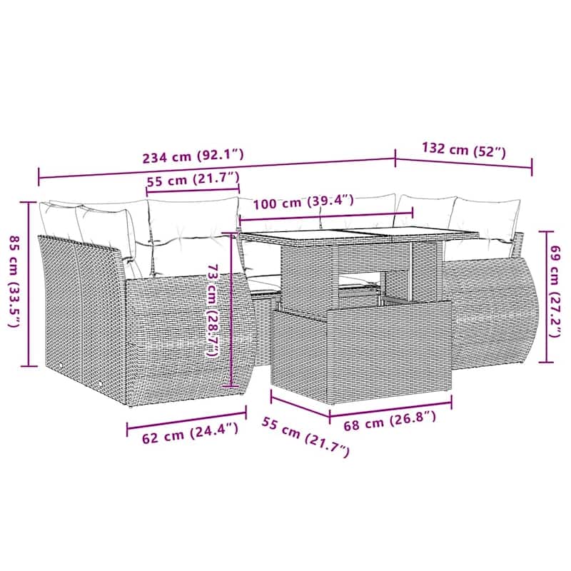 vidaXL Patio Sofa Set with Cushions Outdoor Furniture 7 Piece Poly Rattan - 24.4 x 24.4 x 27.2