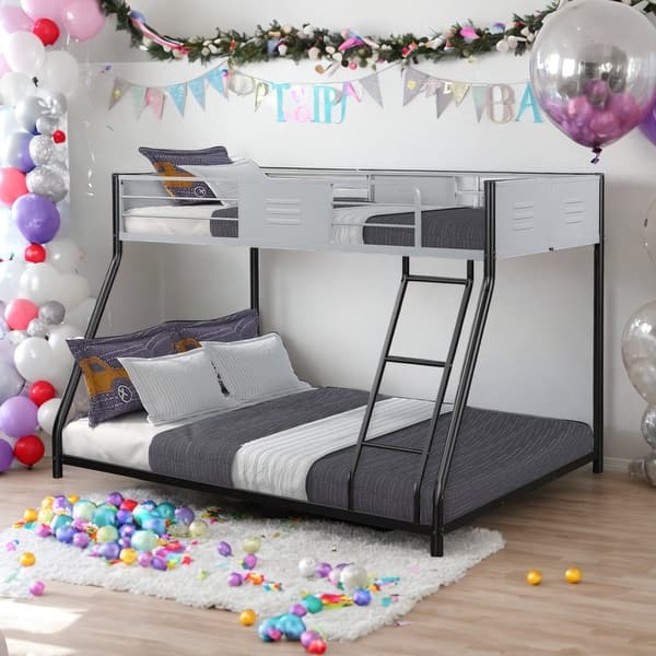 slide 2 of 13, Metal Twin over Full Bunk Bed with Safety Guardrail,Noise-Free Design,Kids Bed Design Black