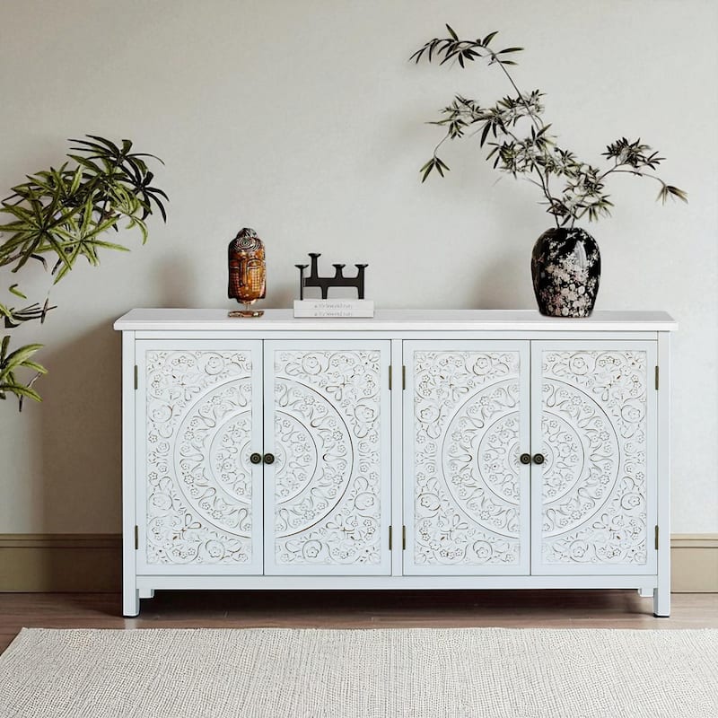 60" White Accent Sideboard Buffet Cabinet with 4 Doors, Rustic Wood Pantry Storage Cabinet for Entryway, Dining Room, Kitchen