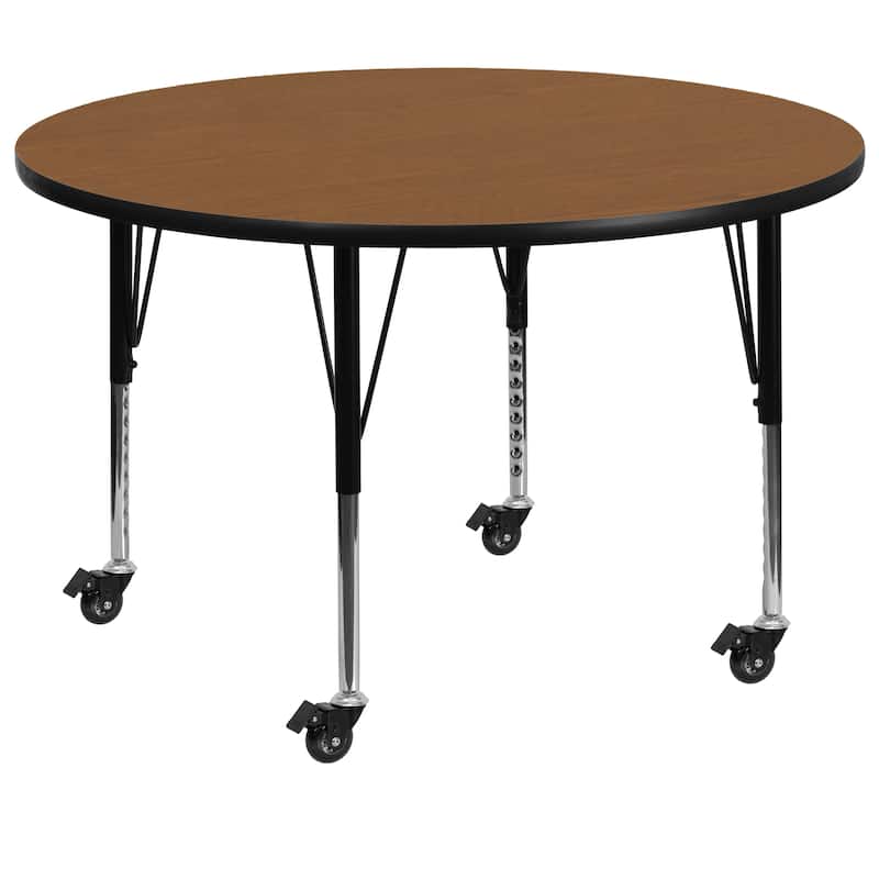 Mobile 60'' Round Thermal Laminate Activity Table - Adjustable Short Legs - Oak