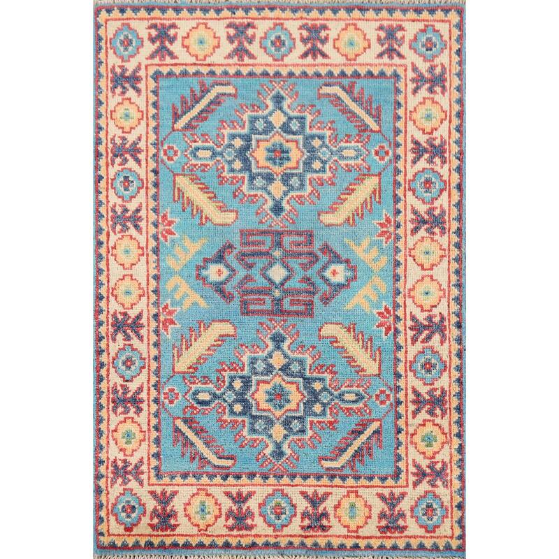 Hand Knotted Oriental 100% Wool Carpet Traditional Geometric Navy Blue & Blues Kazak Area Rug - 3' 0'' X 2' 0''