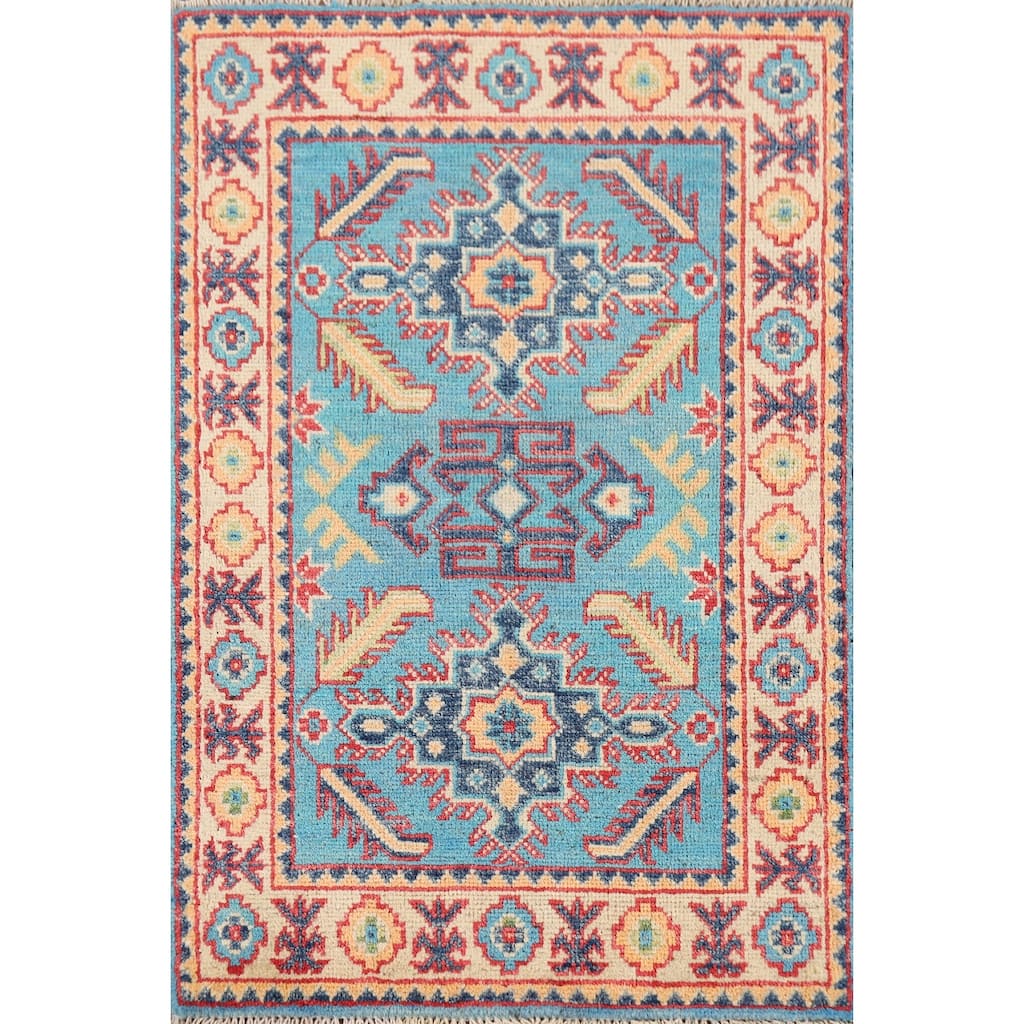 Hand Knotted Oriental 100% Wool Carpet Traditional Geometric Navy Blue & Blues Kazak Area Rug - 3' 0'' X 2' 0''