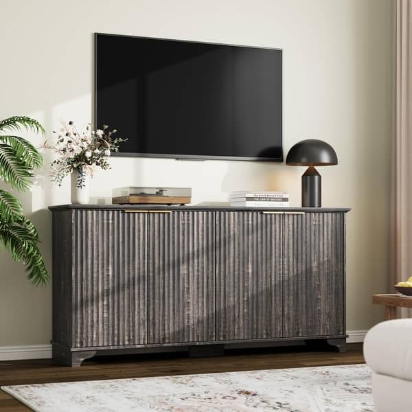 slide 2 of 24, 61" Large Buffet Sideboard Cabinet with 4 Fluted Doors and Storage - 61x15.7x31.5in Tan