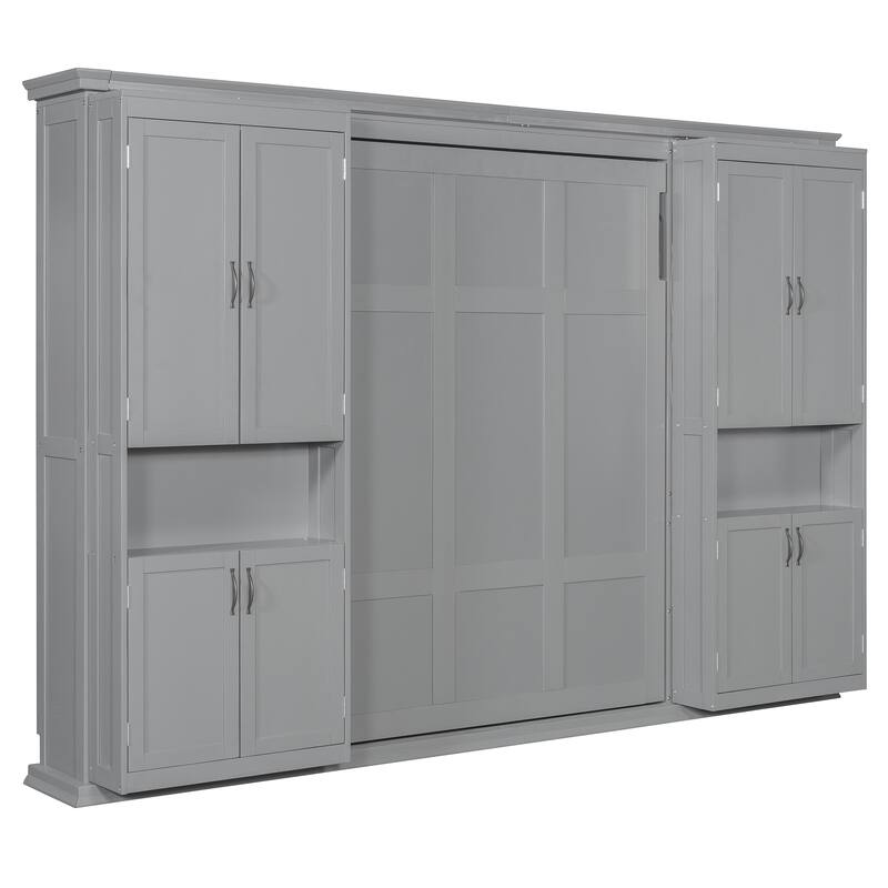 Queen Murphy Bed with Sliding Storage Cabinets & Shelves - Large Capacity Wall Bed System