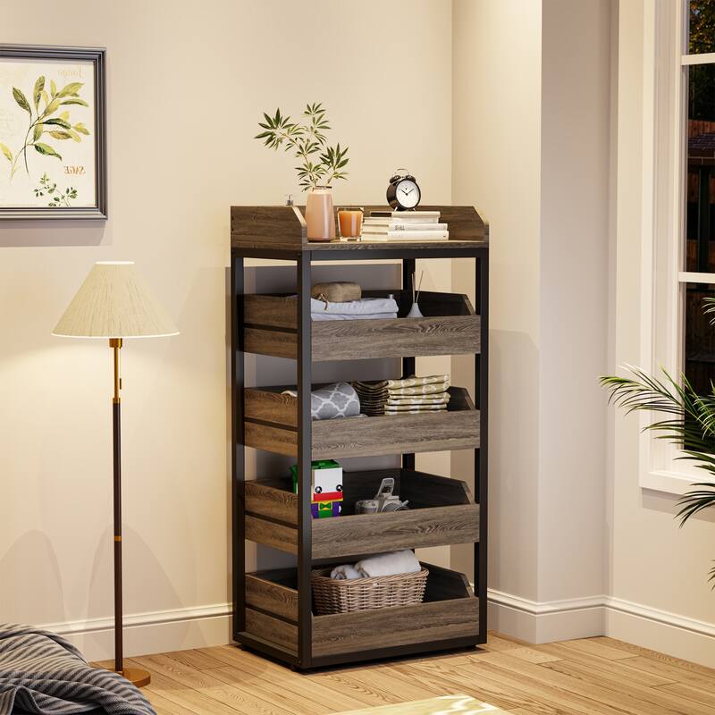 5-Tier Freestanding Wood Fruit Basket Stand, Vegetable and Fruit Storage Retail Display Rack Stand