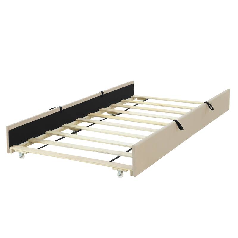 Twin Size Velvet Upholstered Platform Bed with Trundle, Beige