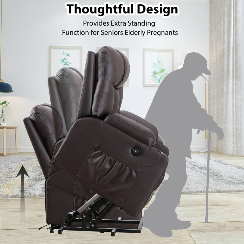 Oversized Power Lift Recliner Chair for Elderly, Faux Leather Lift Chair with Heated and Massage, Single Sofa with 2 Cup Holders
