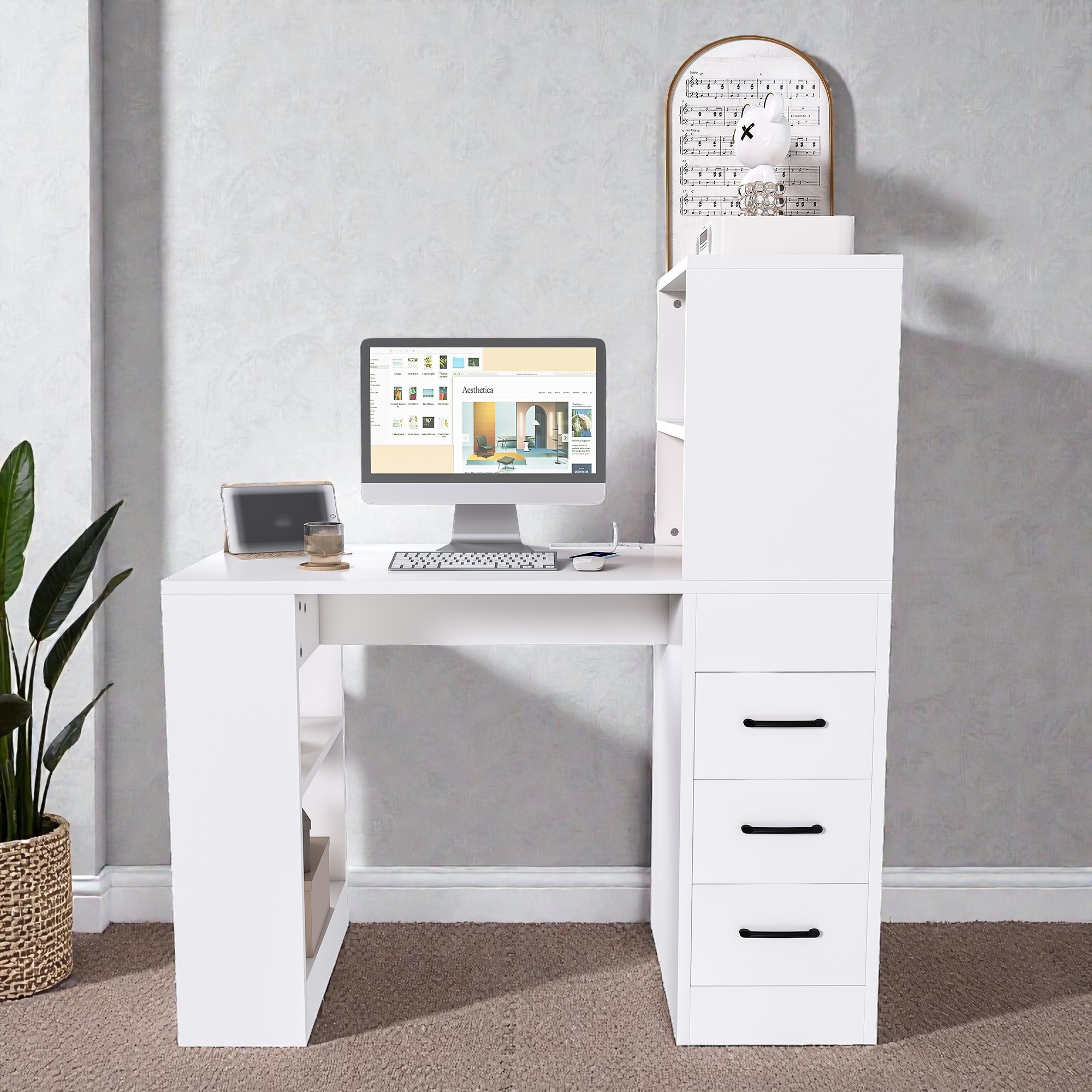 Computer Desk with Built In Power Outlet and USB Ports, Desk with 3 Drawers and 4 Tier Storage Shelves for Home Office