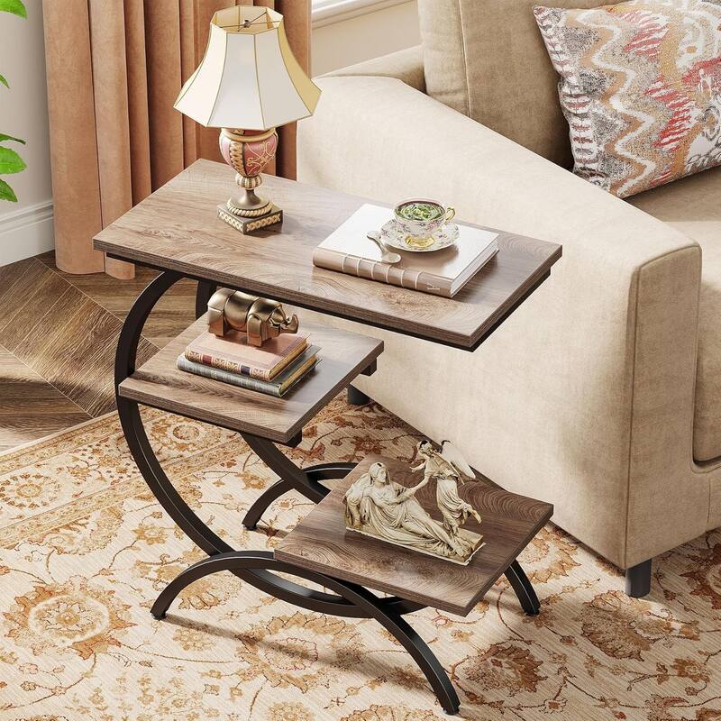 23.62 Inches Brown Wood C-Shaped End Table, 3-Tier Industrial Couch Side Table for Living Room