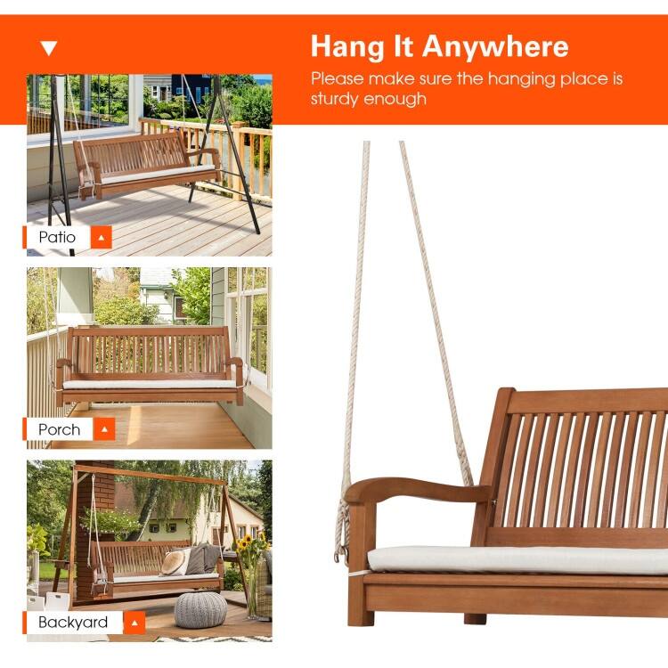 2-Person Hanging Porch Swing Wood Bench with Cushion Curved Back - 54.5" x 24.5" x 23.5"(L x W x H)