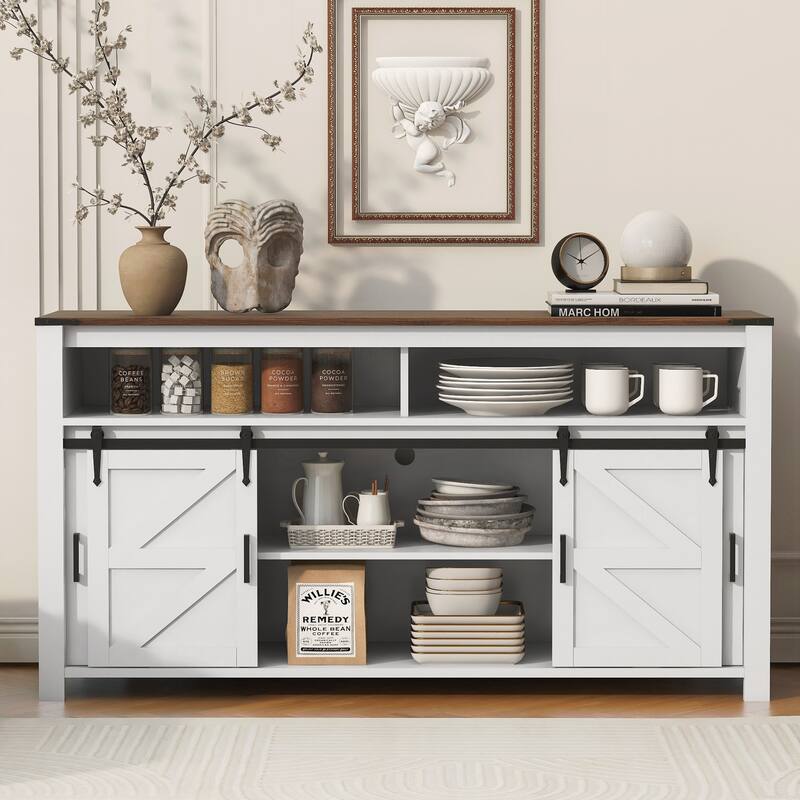 Sideboard with Sliding Barn Door and Mesh Panels,Farmhouse Buffet with Open Storage - White
