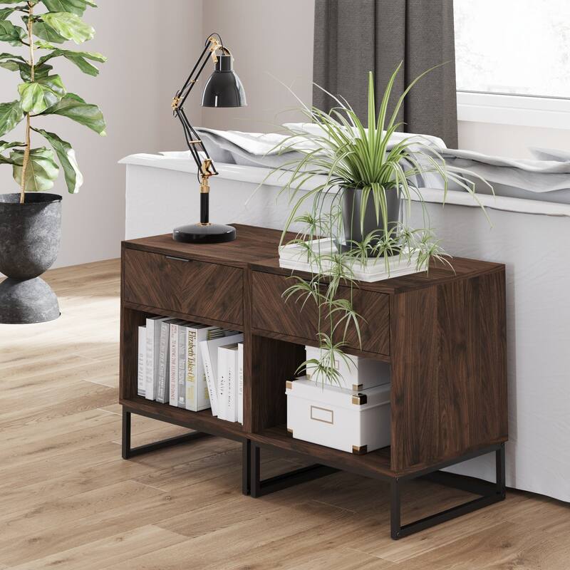 Nathan James Kensi Rustic Nightstand Matte Metal Base Open Cubby Storage and Drawer - Walnut/Black Set of 2