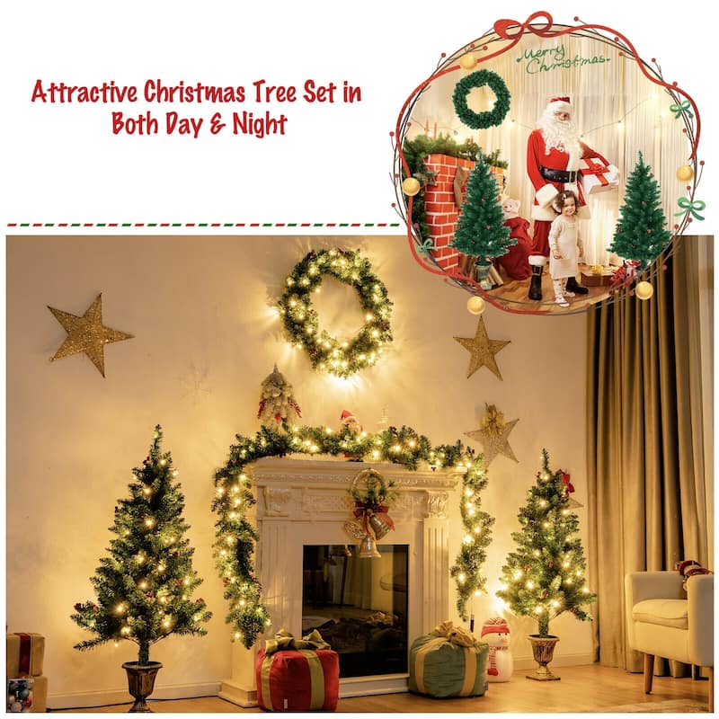 4 Feet Artificial Christmas Tree with LED Lights, Matching Wreath and Garland for Home Decor - 4 ft
