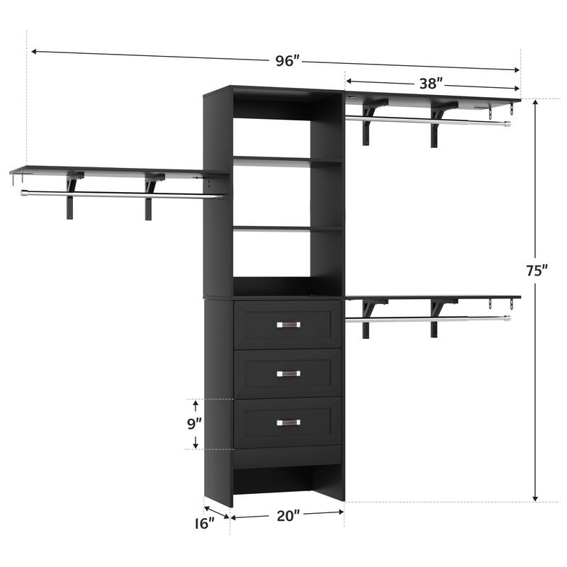 96'' Adjustable Closet Organizer with Drawers, Closet System with Hanging Rods and Storage Shelves
