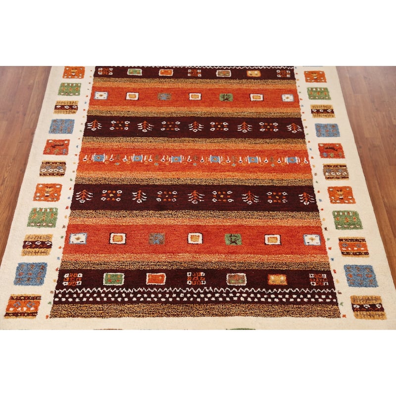 Tribal Geometric Gabbeh Indian Area Rug Orange Handmade Wool Carpet - 5'3" x 7'7"