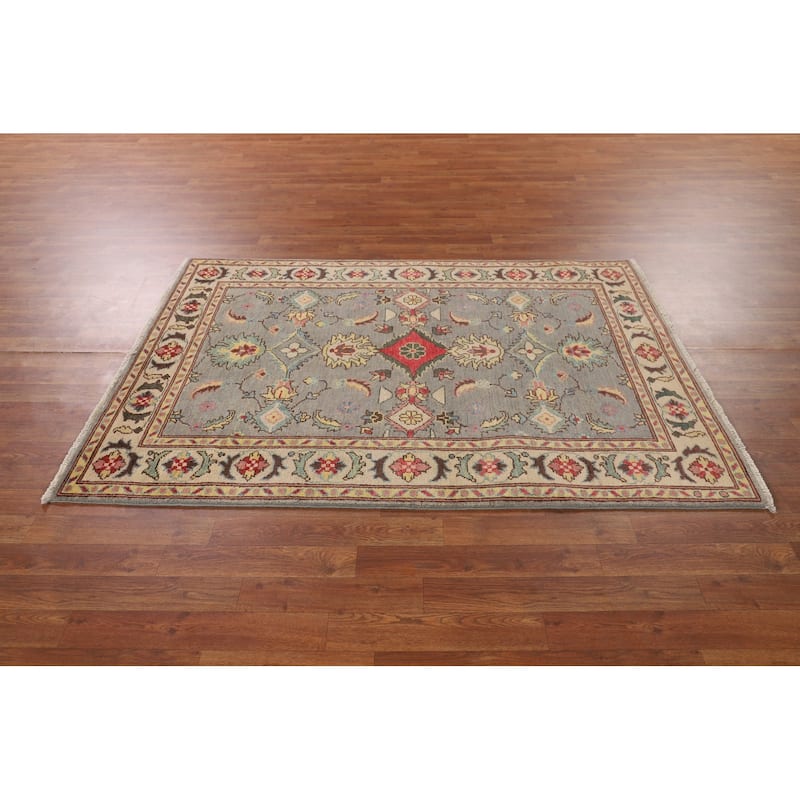 Gray Floral Kazak Oriental Area Rug Hand-Knotted Wool Carpet - 4'1" x 5'11"