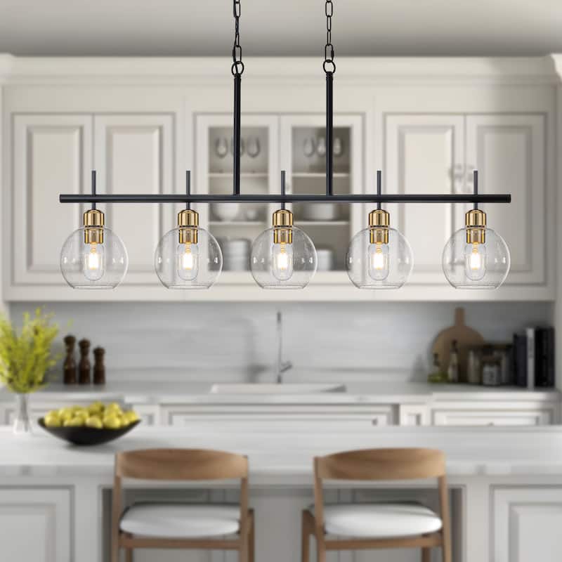 Starsky 5-Light Modern Linear Kitchen Island Pendant with Seeded Glass Globes, Adjustable Height, Black or Gold