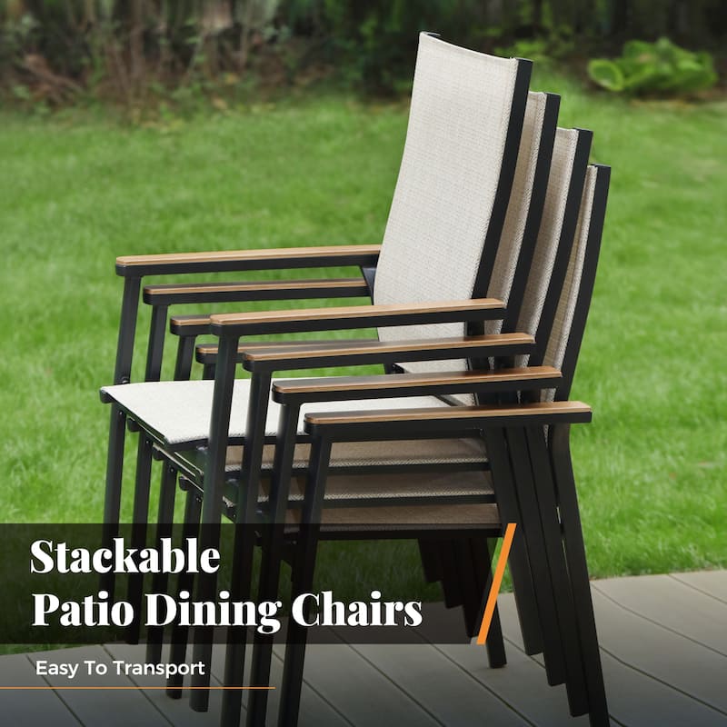 MAISON ARTS 4 Pieces Aluminium Stackable Patio Dining Chairs with Wooden Armest