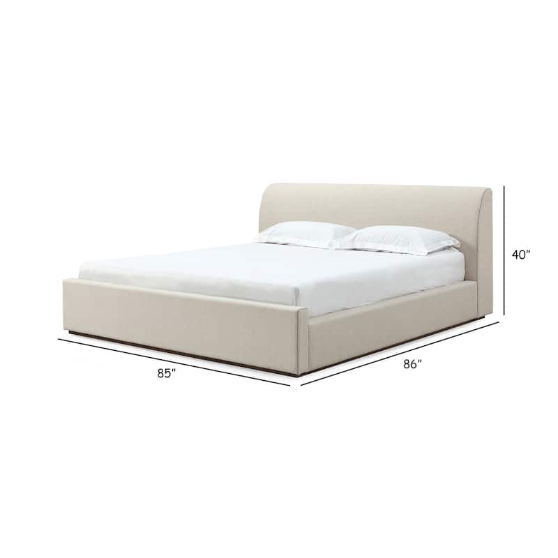 Reza King Size Platform Bed, Sleigh Headboard, Low Profile, Beige Linen
