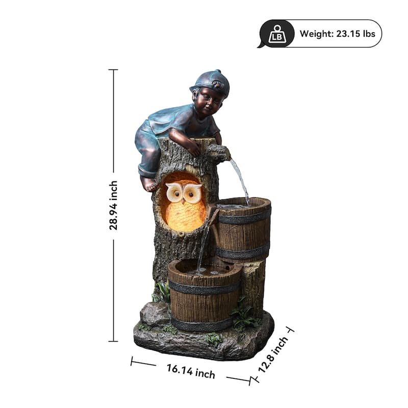 3-Tier Outdoor Fountain – Kid and Owl Play Scene with Cascading Water, Weather Resistant