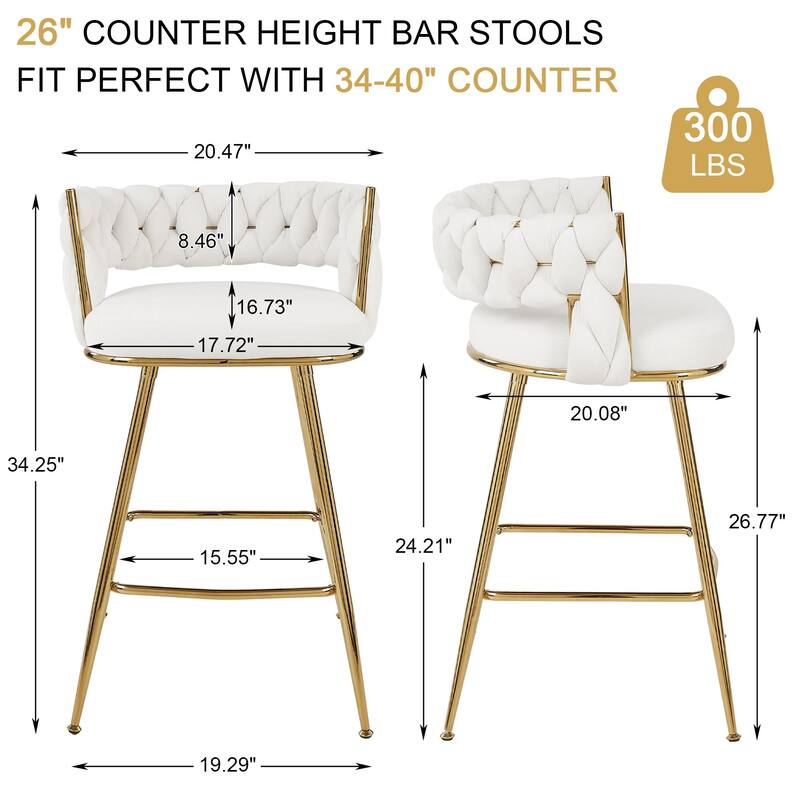 Javlergo Set of 2/4/6 Counter Height Bar Stools, 26.77" Upholstered Woven Back Bar Chairs with Armrests and Footrest