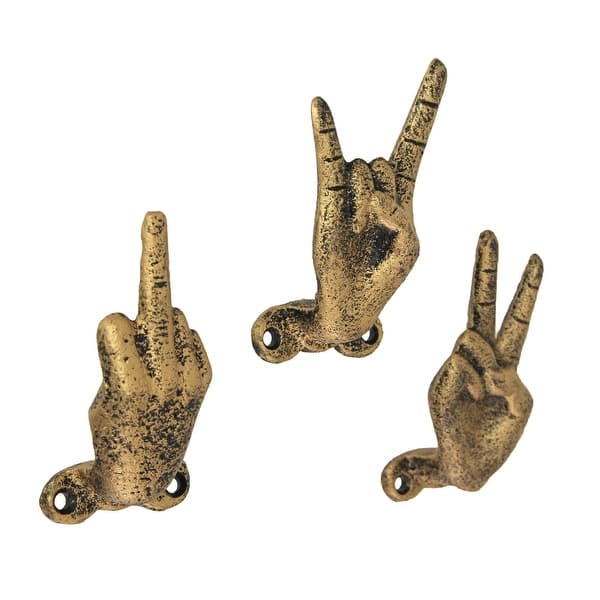Set Of 3 Gold Cast Iron Hand Gesture Decorative Wall Hooks Key