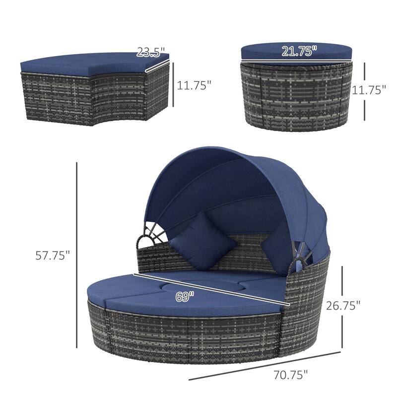 Outsunny 4-Piece Rattan Patio Furniture Set, Round Convertible Daybed or Sunbed with Adjustable Sun Canopy