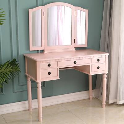 54" Dresser 3-Fold Square Mirror Drawers Roman Column Table/Stool Fluorescent