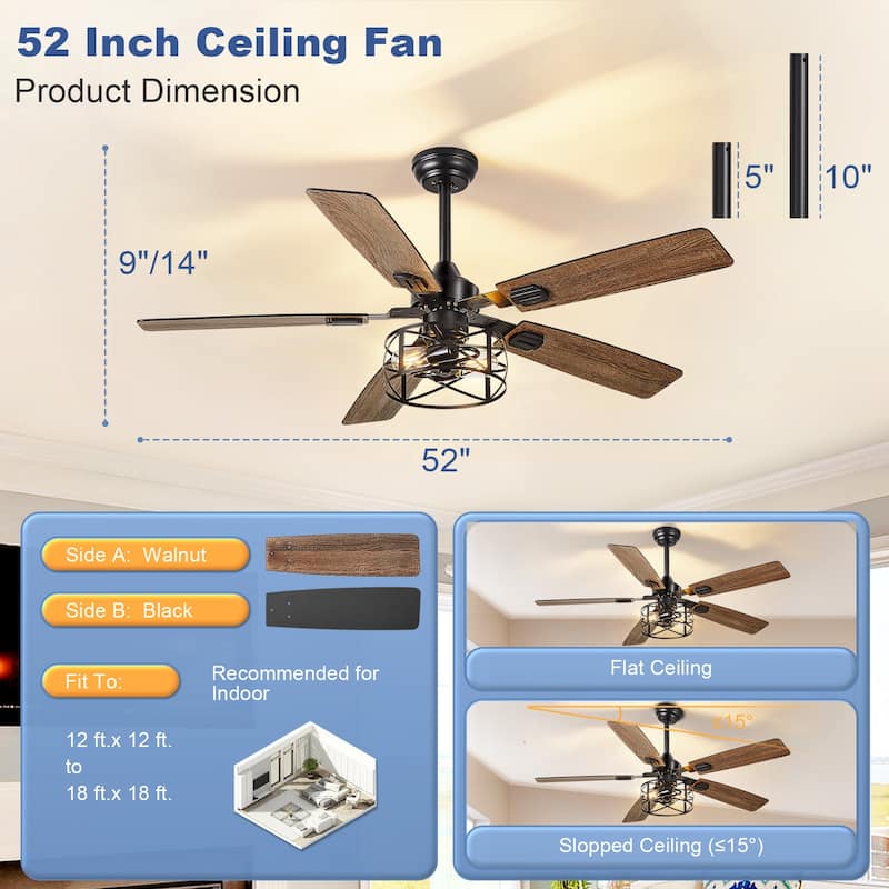 42-52Inch Caged Ceiling Fans with Lights: Dual Finish 5 Blades - Rustic with Remote Control (E26 Bulb Included)
