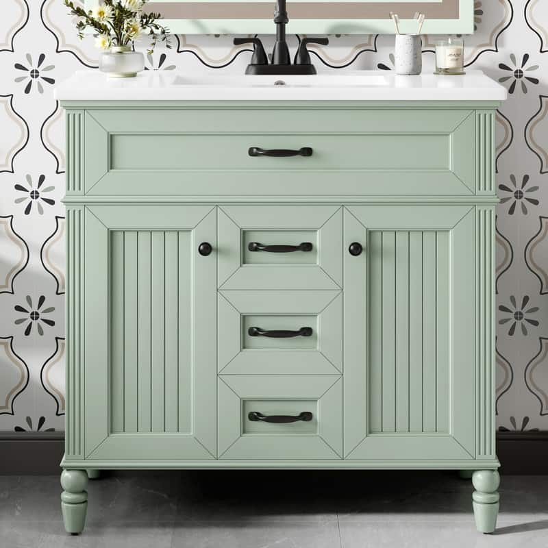 36" Bathroom Vanity with Ceramic Sink, Flip-Out Top Drawer, Soft Close Doors