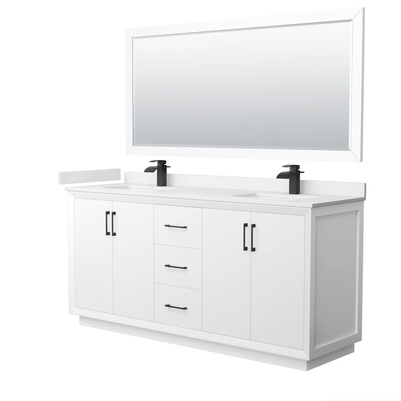 Strada 72-Inch Double Vanity Set, Cultured Marble Top, 70-Inch Mirror - White, Black Trim, White Cultured Marble Top
