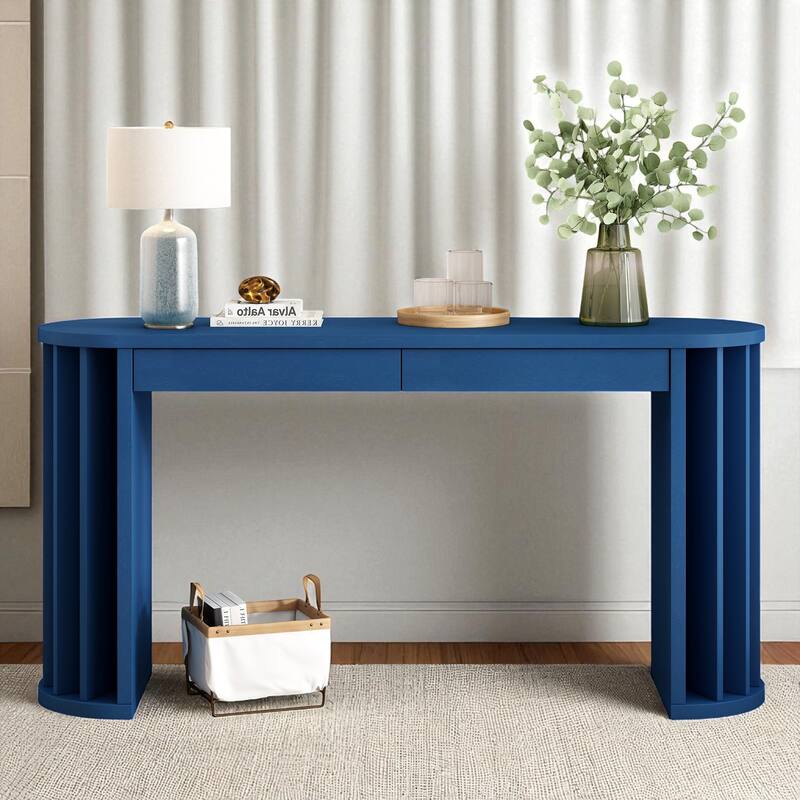 59" Farmhouse Oak Veneer Console Table with 2 Drawers, Curved Legs and Straight Line Design for Entryway or Hallway - Navy Blue