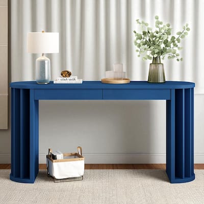 59" Farmhouse Oak Veneer Console Table with 2 Drawers, Curved Legs and Straight Line Design for Entryway or Hallway