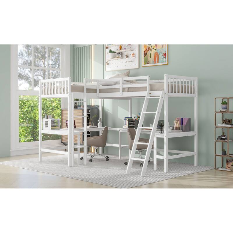 Twin L-Shaped Loft Bed with 2 Built-in Desks and Ladder, Space-Saving Wood Frame