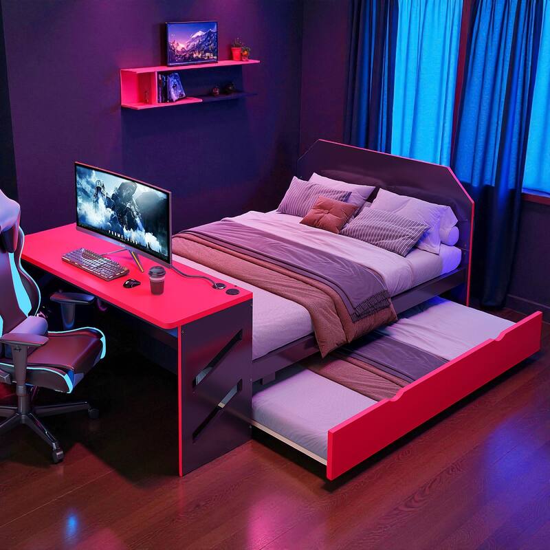 Full Size Wooden Daybed with Twin Trundle, Desk with USB Port, Storage-Friendly Design, Multi-Functional Bed Frame - Red - Full