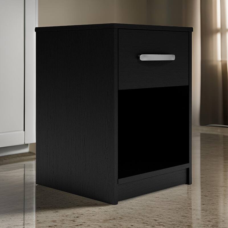 Finny Nightstand, 1 Drawer 1 Shelf, Matte Black, Silver Metal, 22 Inch