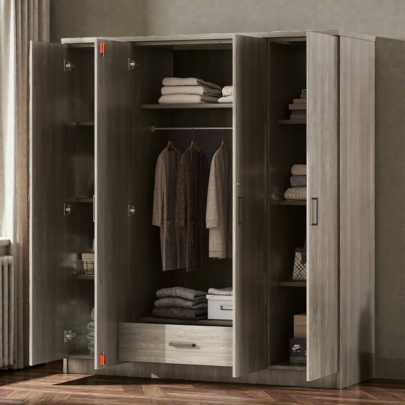 4 Door Wardrobe Closet with Drawer and Hanging Rail, Modern MDF Bedroom Armoire Storage Cabinet