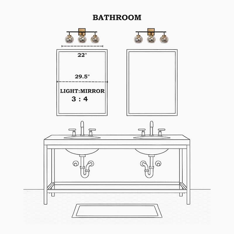 Ziv Modern 3-Light Black Gold Bathroom Vanity Lights with Mercury Globe Glass Shades