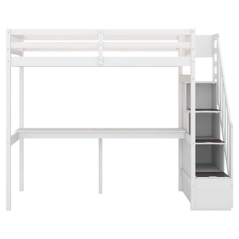 Space-Saving Twin Loft Bed with Storage Staircase and Desk, Durable Pine Wood Frame