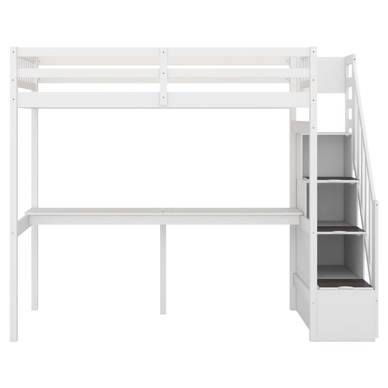 Twin Size Loft Bed with Storage Staircase and Built-in Desk, Space-Saving Solid Wood Twin Bed Frame with Full-Length Guardrail