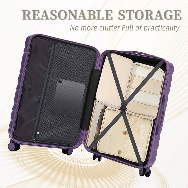 3 pcs/set in ABS Spinner Wheel Luggage, Carry on Suitcase, Matching Color, Combination Lock (Purple)