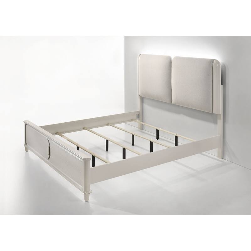 Laveda Light Gray Boucle & Pearl White Finish Bed w/LED(Only Bed)
