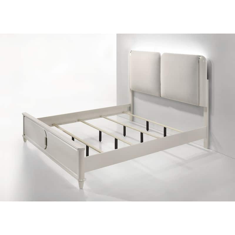 Laveda Light Gray Boucle & Pearl White Finish Queen Bed w/LED