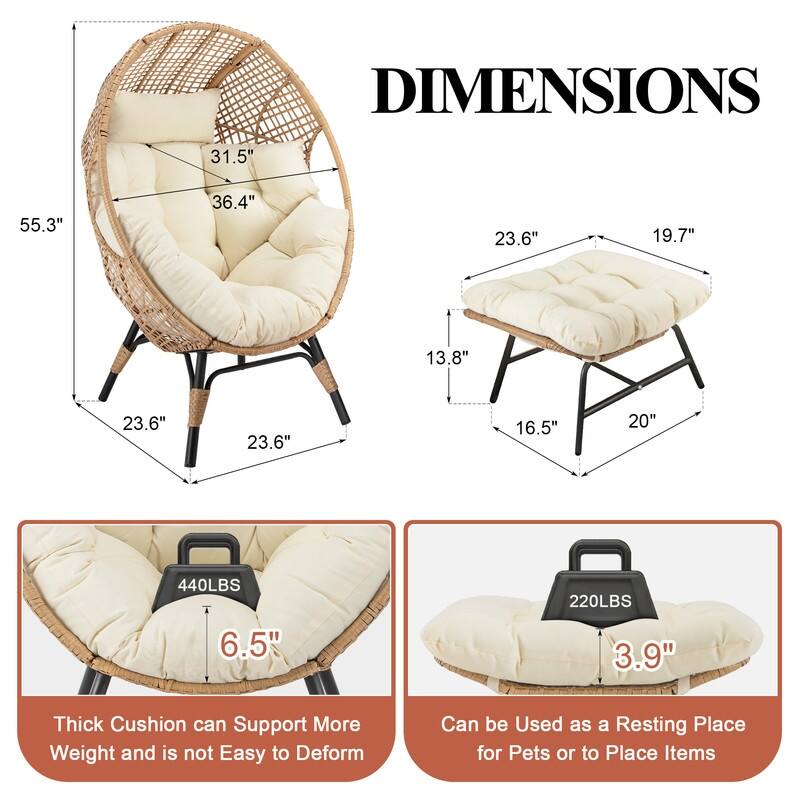 FINCATI Outdoor Wicker Egg Chair Set with Ottoman, Deep Seating, 440 lbs Capacity