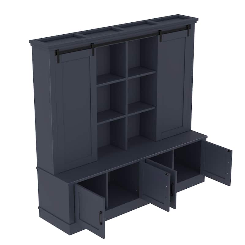 Entryway Cabinet with Sliding Doors, Shoe Storage, Bench and Tree-Shaped Coat Rack, Multi-Functional Hallway Organizer