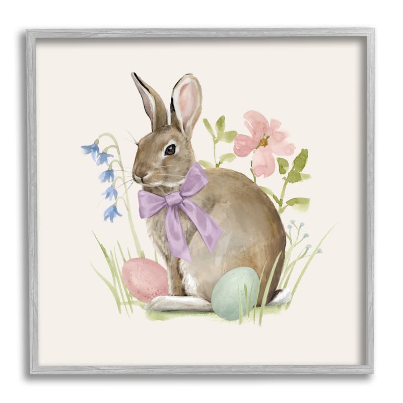 Stupell Spring Bunny Rabbit Easter Eggs Blossoming Flowers Framed Wall Art - Multi-Color - 17 x 17 - Grey