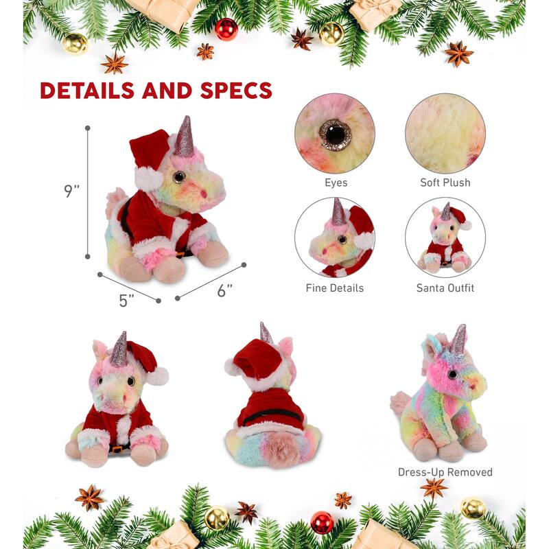 DolliBu Santa Rainbow Unicorn Stuffed Animal Plush Toy with Outfit - 9 inches